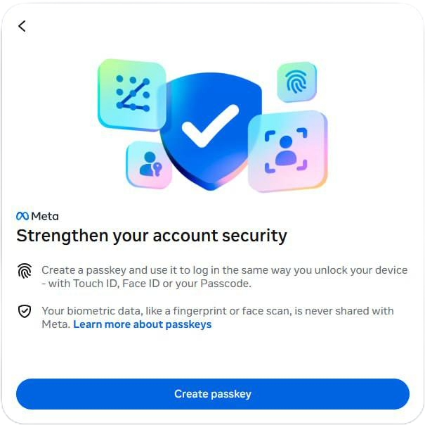 Окно Facebook с предложением создать passkey